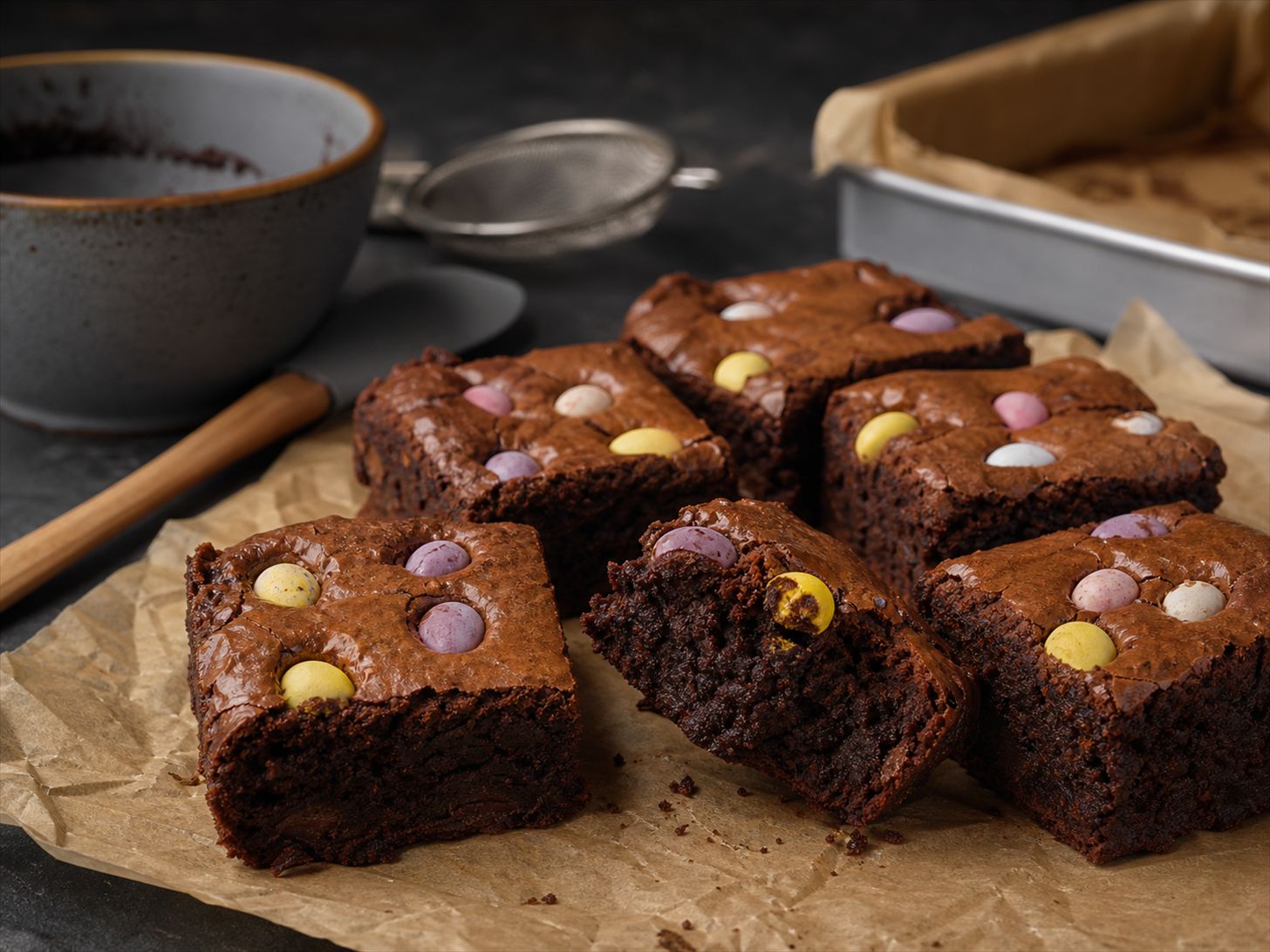 Påskebrownies skåret i firkanter med fudgy kerne og farverige chokolade-mini-æg presset ned i den blanke top