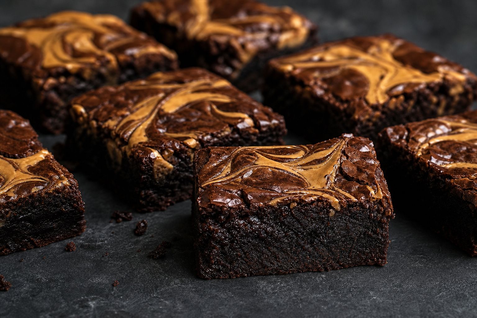 Fudgy peanutbutter-brownies i firkanter med blank crackly top og lyse karamelfarvede bånd af peanutbutter marmoreret hen over overfladen