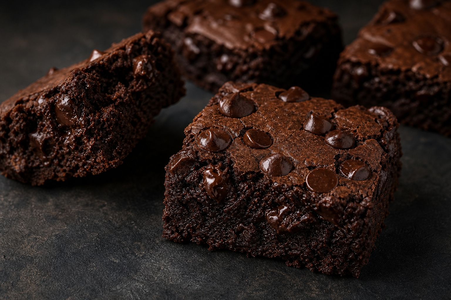 Mørke proteinbrownies skåret i firkanter med tynd crackly top og halvsmeltede chokoladeknapper, tæt fudgy kerne der trækkes fra hinanden
