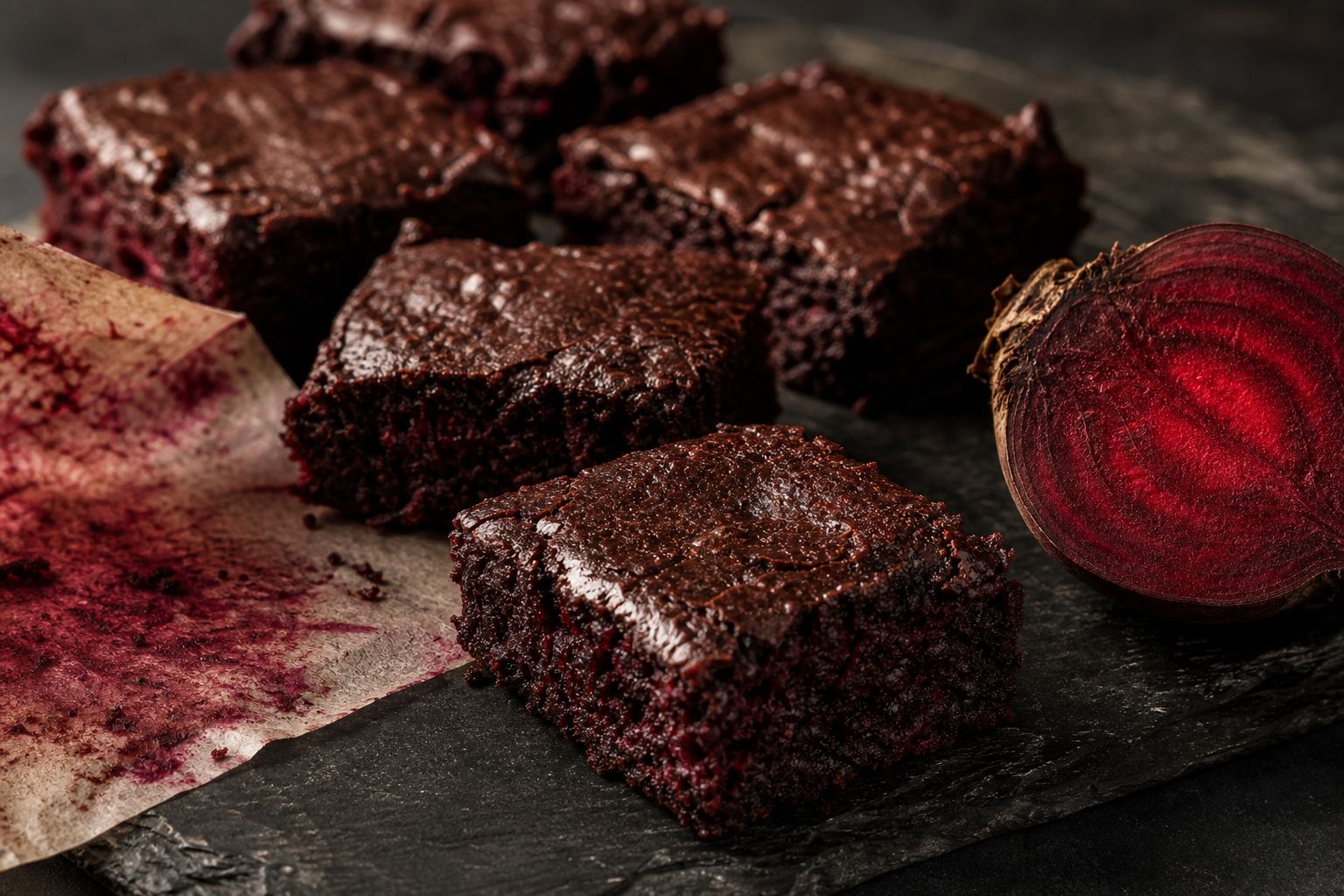 Rødbede-brownies skåret i firkanter med dyb, mørk rødbrun krumme, blank top og et strejf af flagesalt