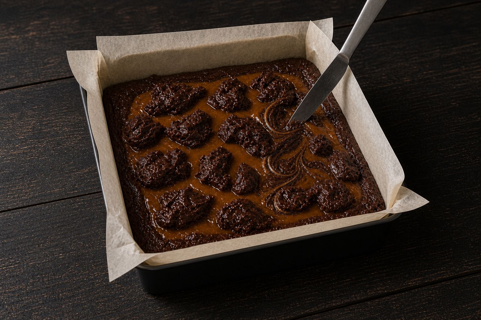 Saltkaramel-brownies, trin 4: lag og marmorering