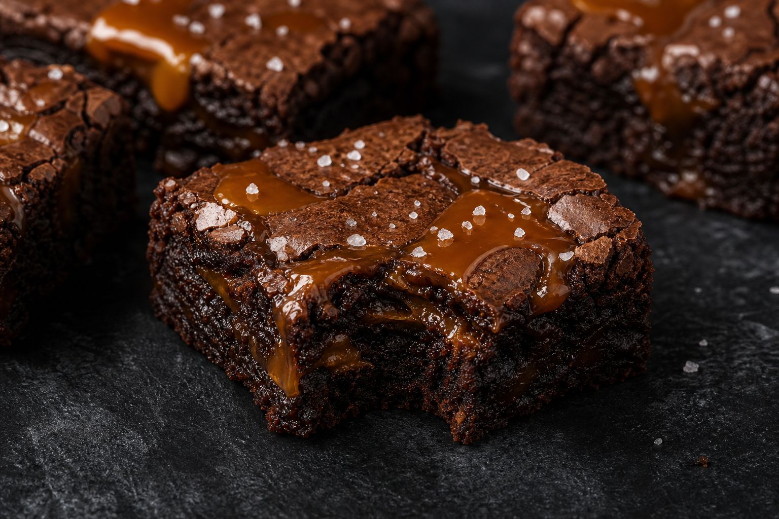 Saltkaramel-brownies skåret i firkanter med blank crackly top, en ravgul karamelmarmorering der bryder igennem, karamelstriber og flagesalt