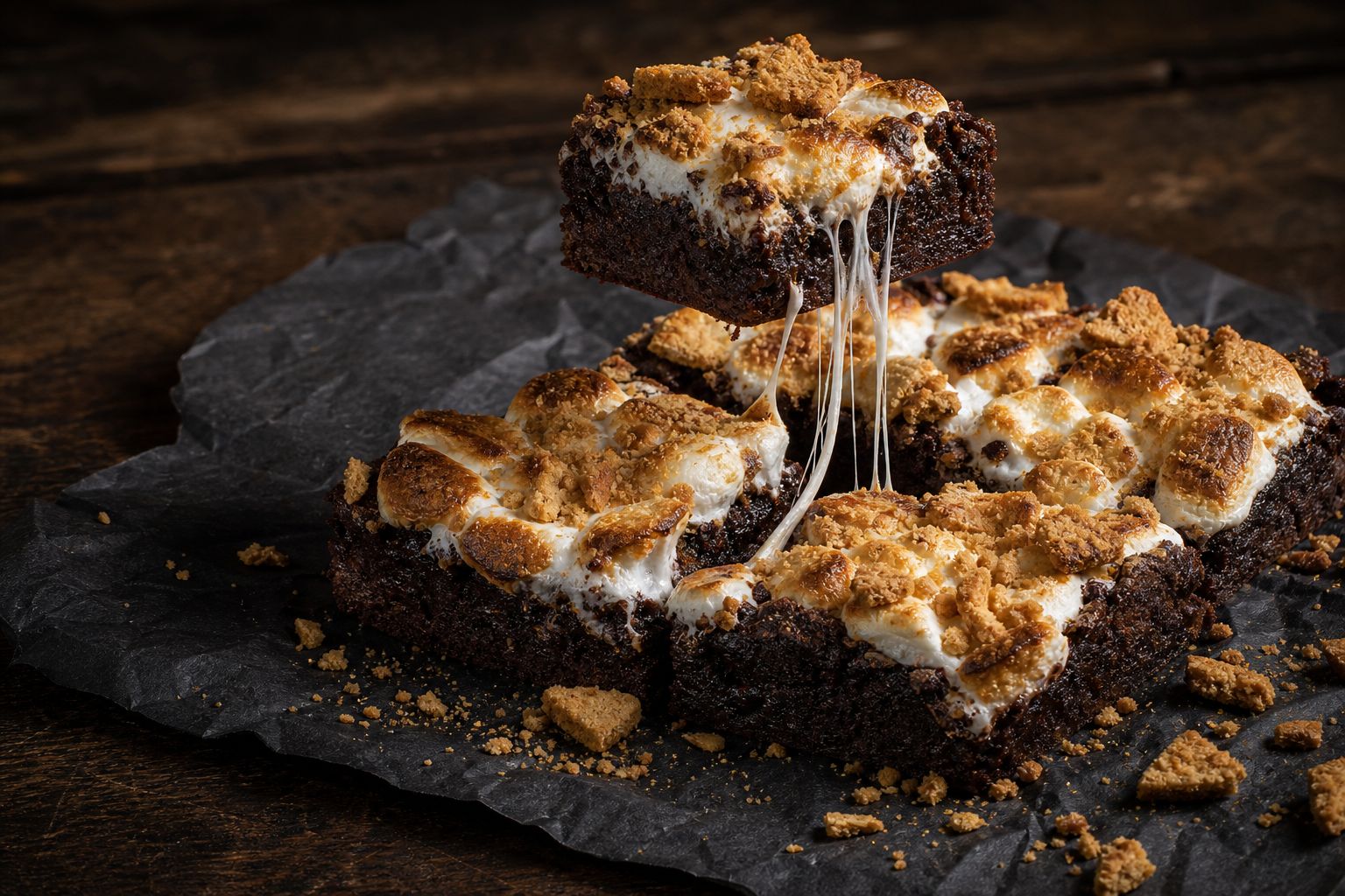Skumfidus-brownies i firkanter med gyldne gratinerede skumfiduser og knuste digestivekiks på en fudgy chokoladebund