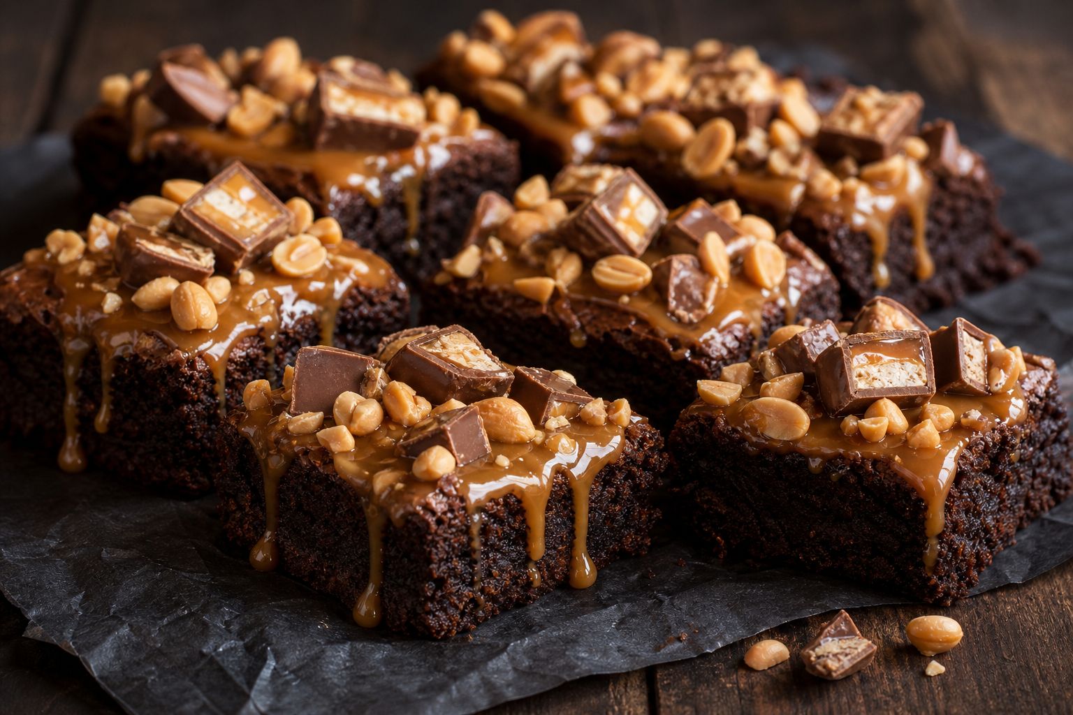 Snickers-brownies skåret i firkanter med fudgy chokoladebund, synlige Snickers-bidder, blank karamel og grofthakkede saltede peanuts på toppen