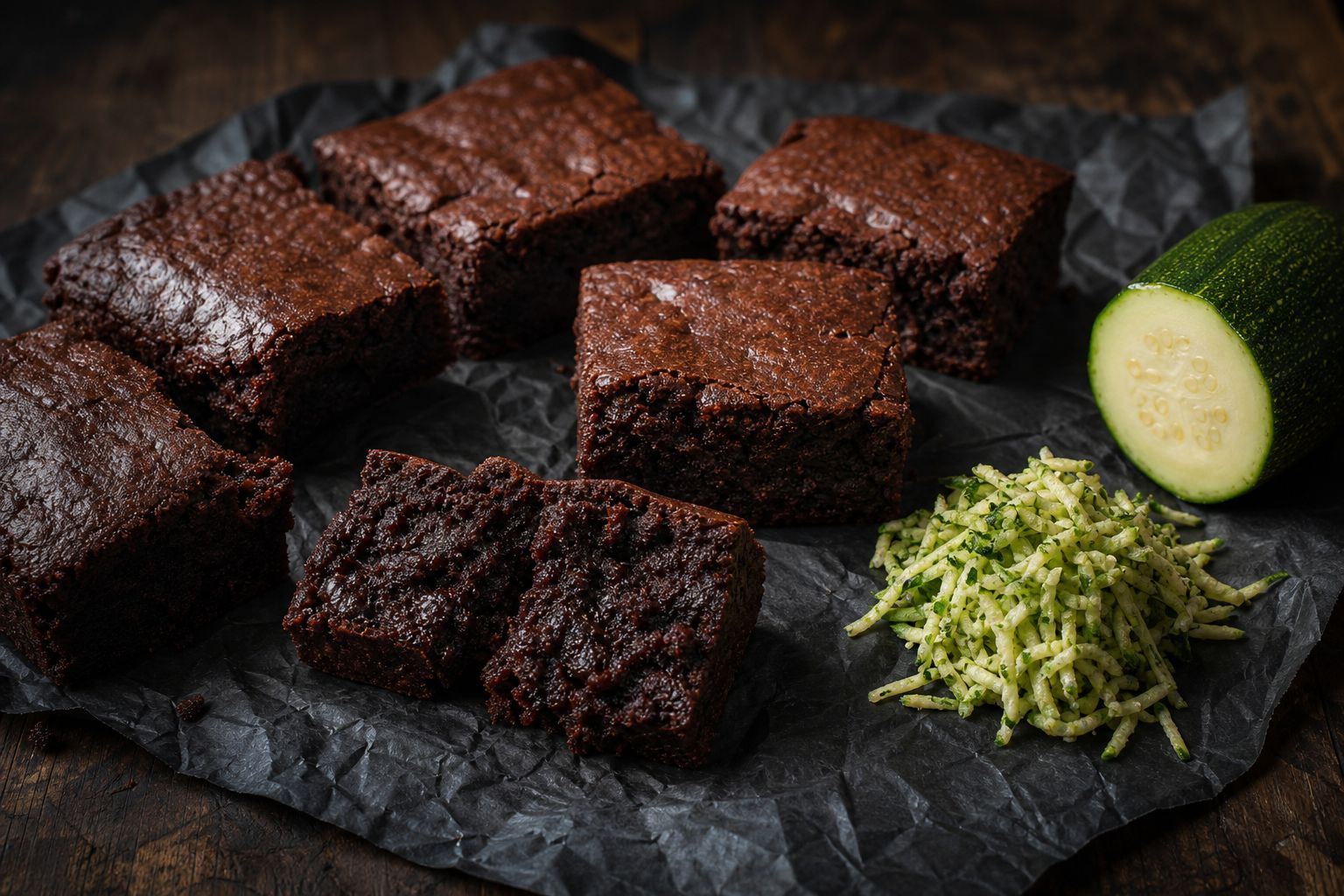 Squash-brownies skåret i firkanter med blank top og saftig mørk kerne, en fint revet squash ligger ved siden af