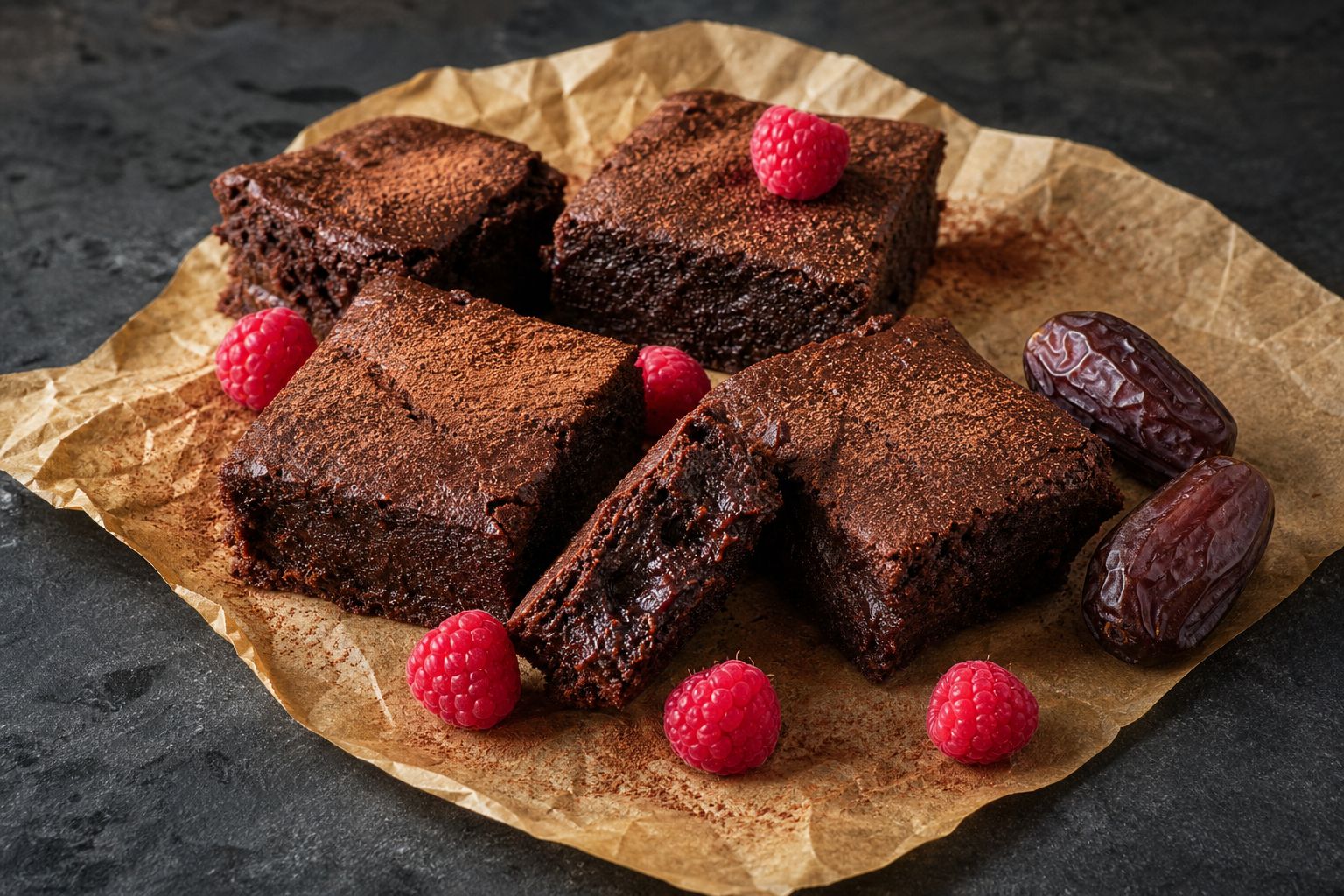 Sunde brownies skåret i firkanter med mat mørk overflade og tæt fugtig kerne, sødet med dadler og banan uden nødder