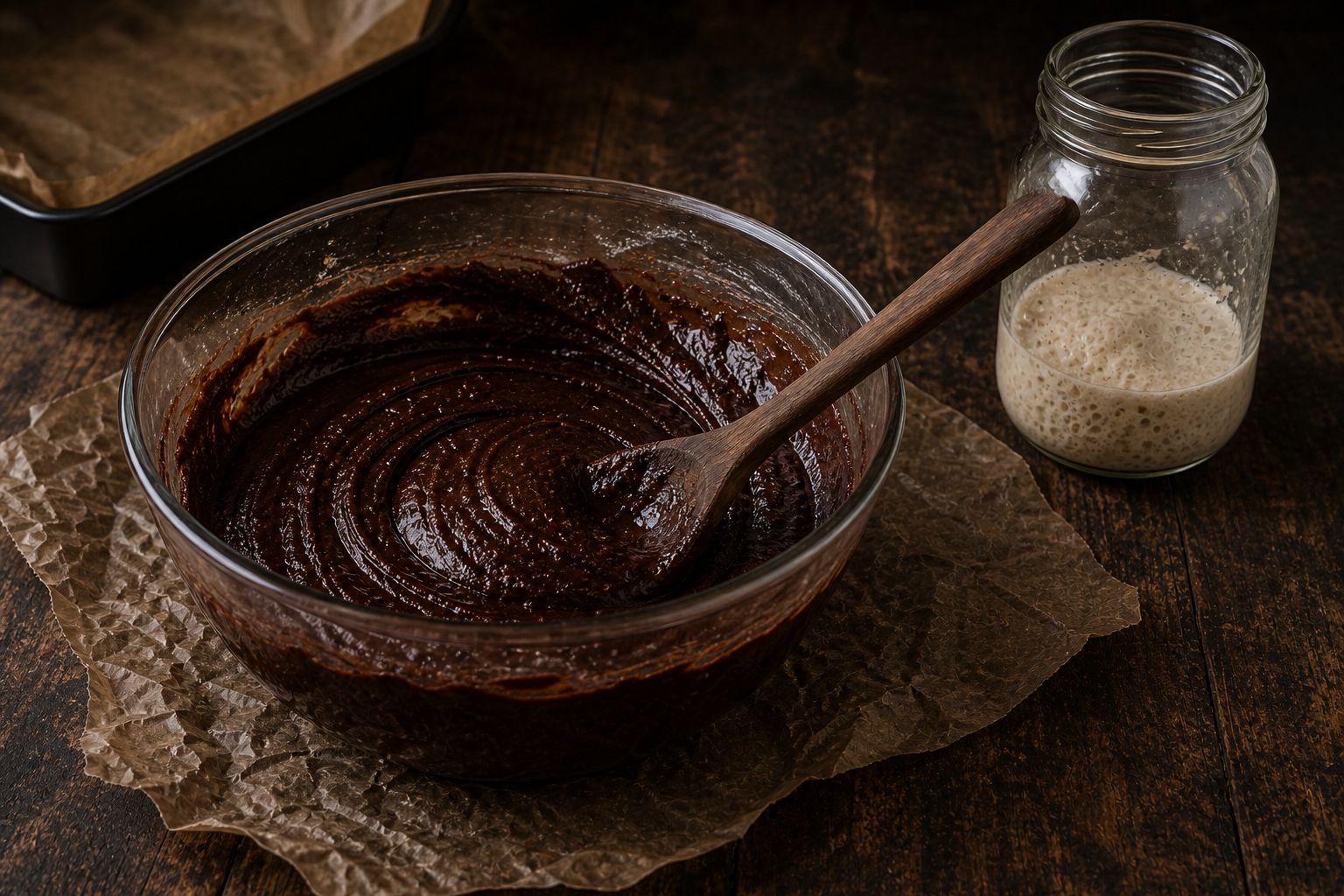 Surdejs-brownies, trin 5: rør surdejsresten i