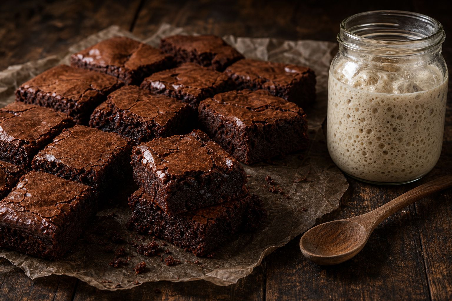 Surdejs-brownies skåret i firkanter med blank crackly top og tæt fudgy kerne, drysset med flagesalt