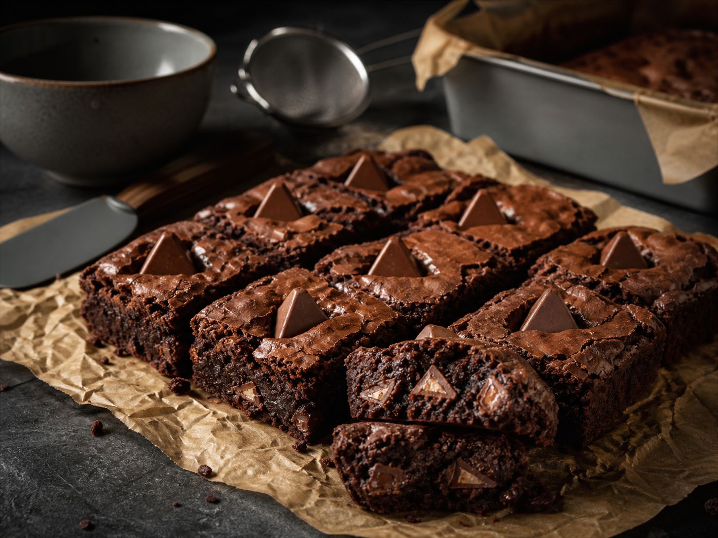 Toblerone-brownies skåret i firkanter med fudgy chokoladebund, synlige bidder af Toblerone og hele chokoladetrekanter trykket ned i den blanke top