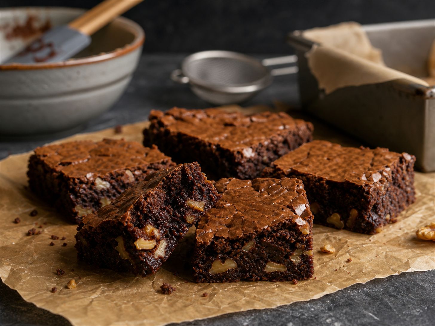 Valnøddebrownies skåret i firkanter med blank crackly top, fudgy mørk kerne og synlige grofthakkede valnødder