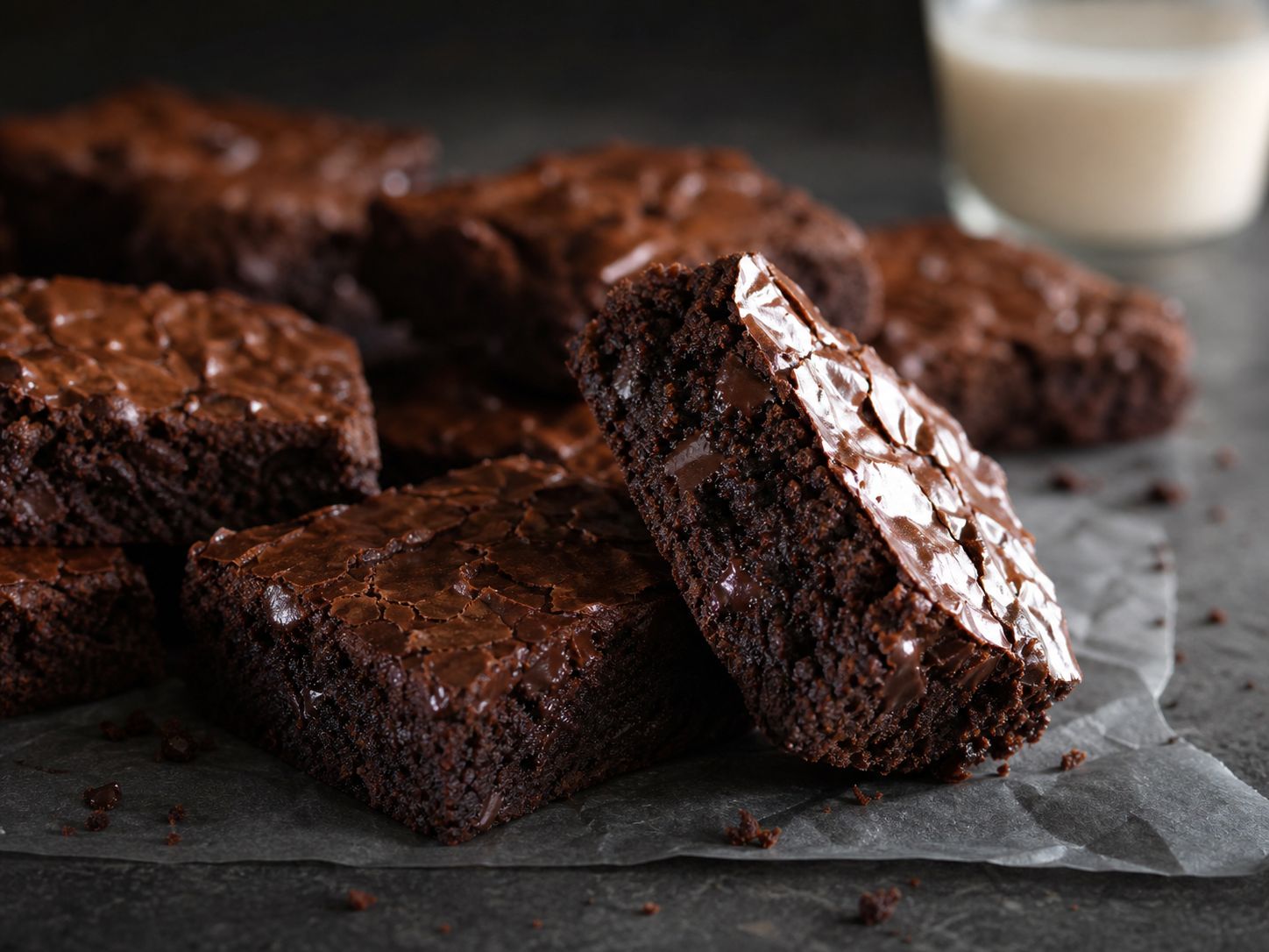 Veganske fudgy brownies med blank top og et glas plantemælk blødt i baggrunden